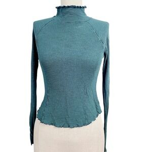 Free People Mock Neck‎ Long Sleeve Lettuce Hem Stretch Top Teal Ribbed Fitted S